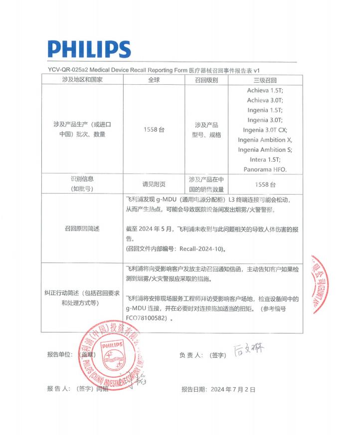 飞利浦（中国）投资有限公司对医用磁共振成像系统主动召回