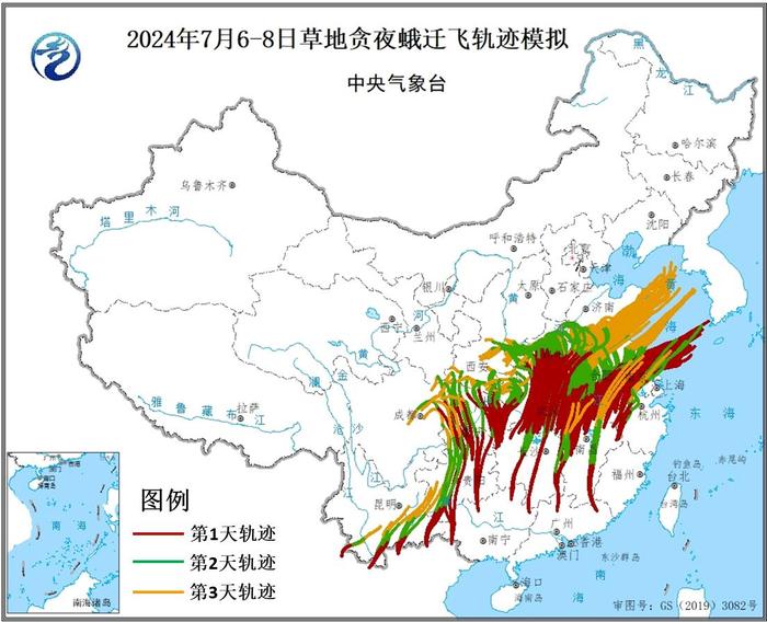 7月6-8日夜间草地贪夜蛾迁入江淮黄淮等地的气象风险较高，需加强监测和防控