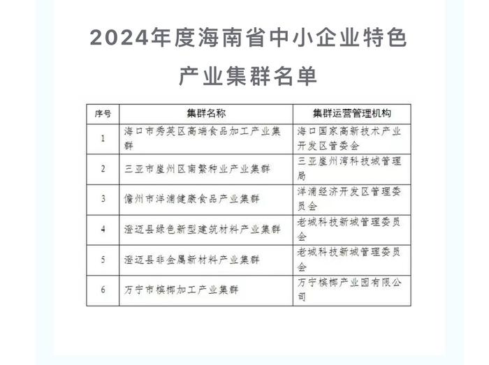 6个集群入选！​2024年度海南省中小企业特色产业集群名单公示