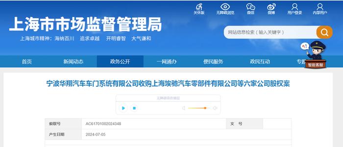 宁波华翔汽车车门系统有限公司收购上海埃驰汽车零部件有限公司等六家公司股权案