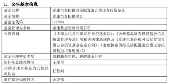 泰康恒泰回报混合增聘基金经理王凌力 金宏伟离任