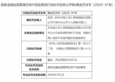 因违规收集使用个人信息等，中国人保财险宁波分公司被罚32万元