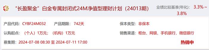 长安银行“长盈聚金”白金专属24M理财24013期7月8日起发行，业绩比较基准3.3%-3.8%