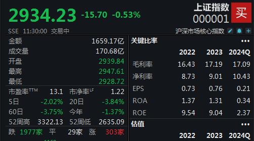 两市个股普跌，沪指半日下挫0.53%