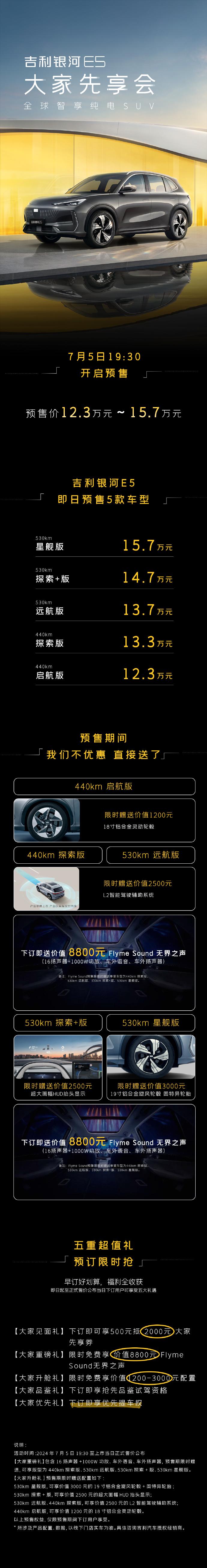 吉利银河 E5 纯电 SUV 预售期答网友问：意向金 500 元锁单前可退、8 月初上市即交付、锁单时可调整配置