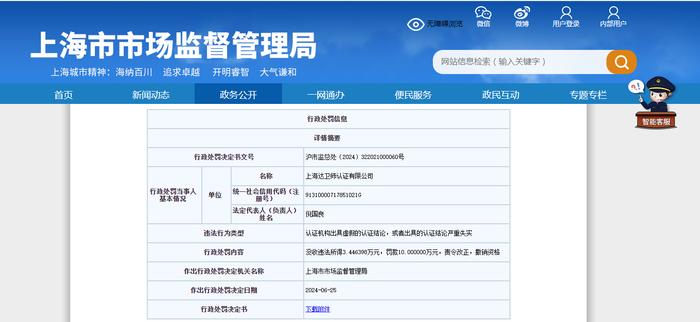 关于上海达卫师认证有限公司行政处罚信息