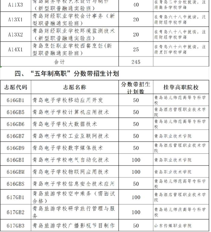 2024年青岛市四区和高新区高中阶段招生分数带招生计划