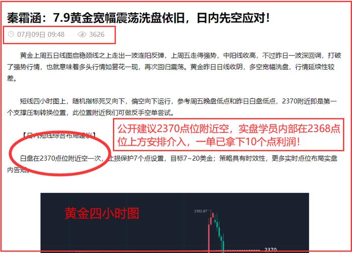 秦霜涵：7.10黄金关注白盘反弹力度，无力则继续空！