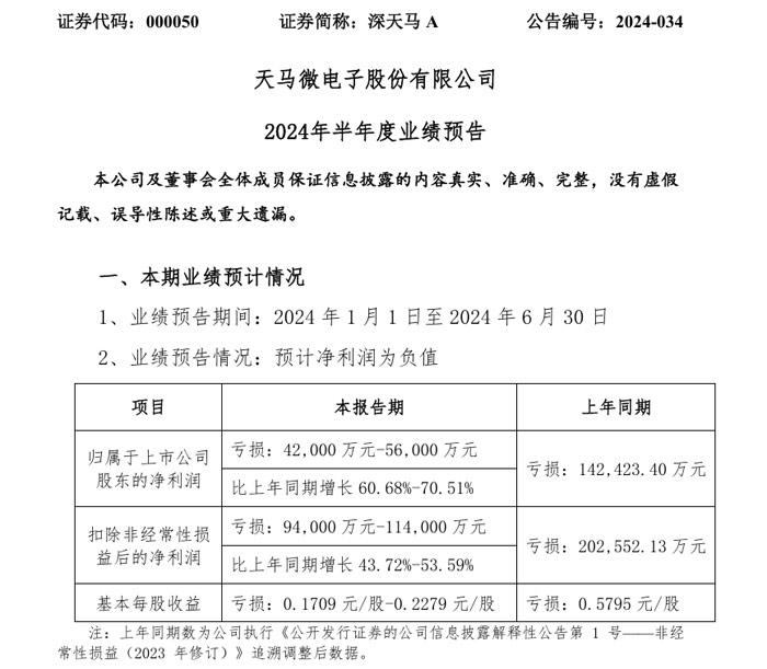 天马微电子2024年半年度业绩预告：净利润亏损4.2亿元~5.6亿