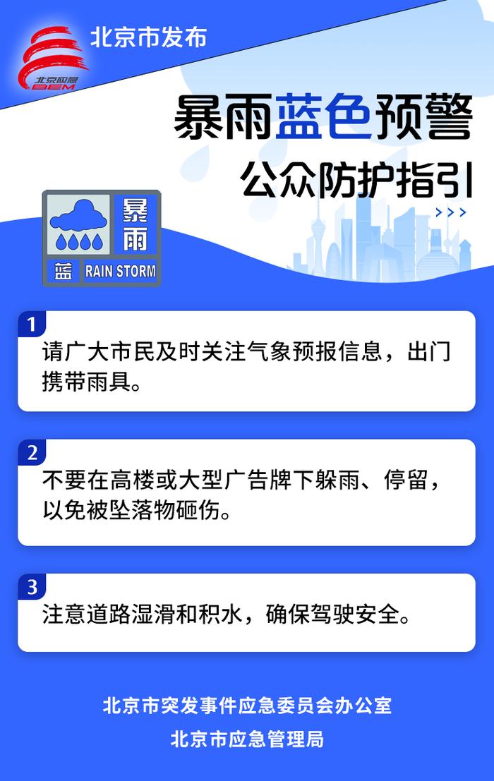 北京市发布暴雨蓝色和雷电黄色预警，公众防护指引请收好