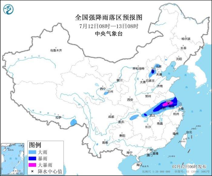 暴雨黄色预警：安徽中部、江苏中南部等地部分地区有大暴雨