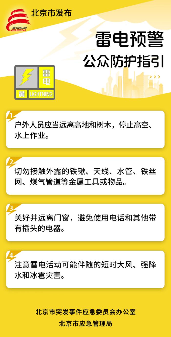 北京市发布暴雨蓝色和雷电黄色预警，公众防护指引请收好