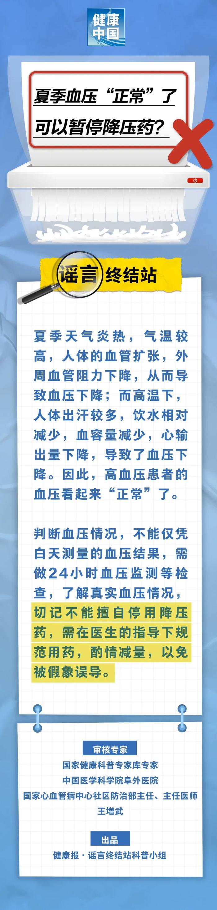 【谣言粉碎机】夏季血压“正常”了，可以暂停降压药……是真是假？