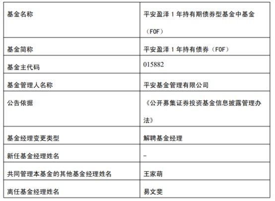 平安基金易文斐离任4只基金