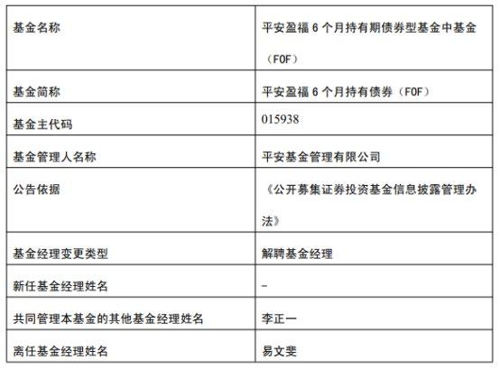 平安基金易文斐离任4只基金