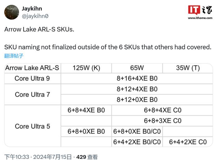 英特尔酷睿 Ultra 200 系列 Arrow Lake-S 桌面处理器规格曝光，具体型号命名尚未完全确定