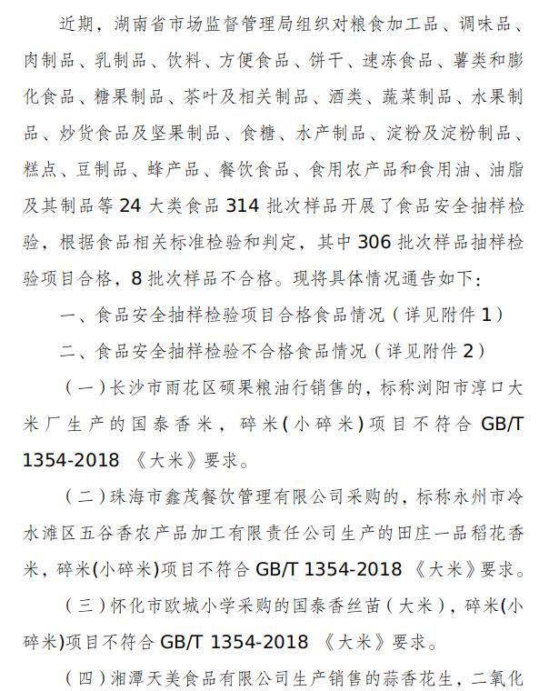 湖南省市场监督管理局关于314批次食品安全抽样检验情况的通告（2024年第7期）