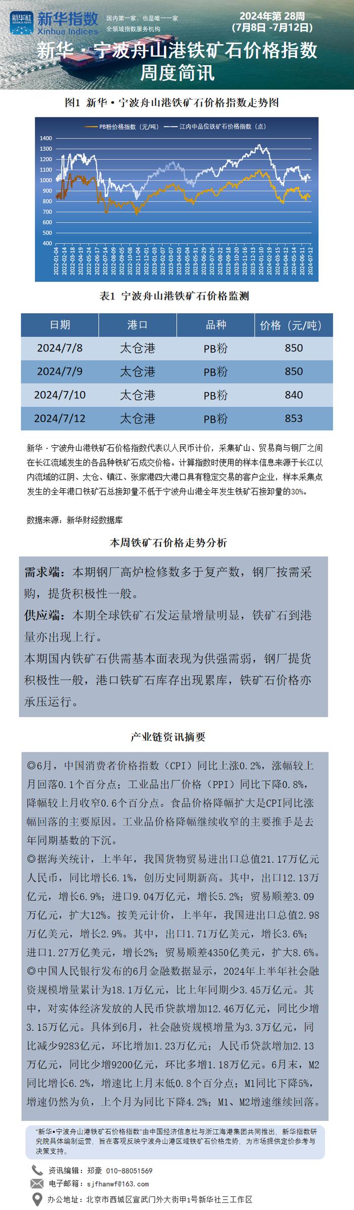 新华指数|7月12日当周宁波舟山港铁矿石指数小幅下跌