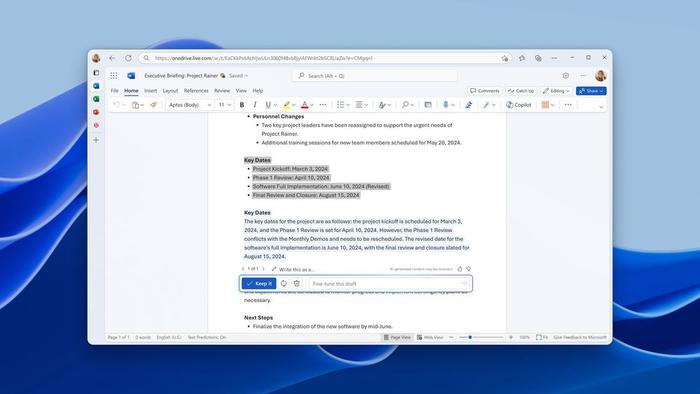 微软 Word 增强 Draft AI 功能：改写、扩写内容，自动优化排版等