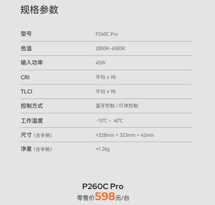 神牛 P260C Pro 双色温板灯发布：45W 功率、NFC 配对加灯，598 元 / 台