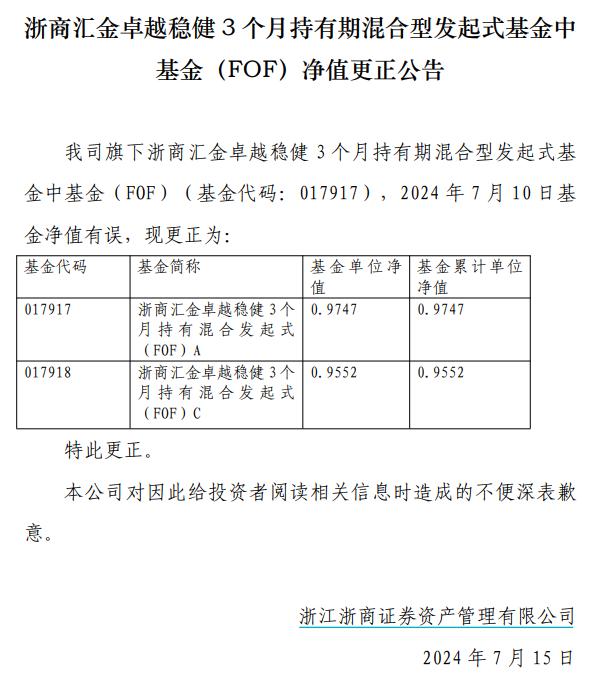 浙商资管旗下FOF连发净值更正公告，究竟怎么回事？