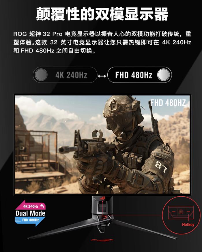 华硕“PG32UCDP”32 英寸显示器首销：4K 240Hz / 1080P 480Hz 双模 OLED，9999 元