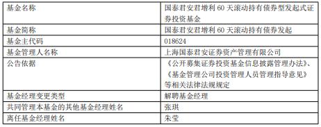 朱莹离任国泰君安君增利60天滚动持有债券发起