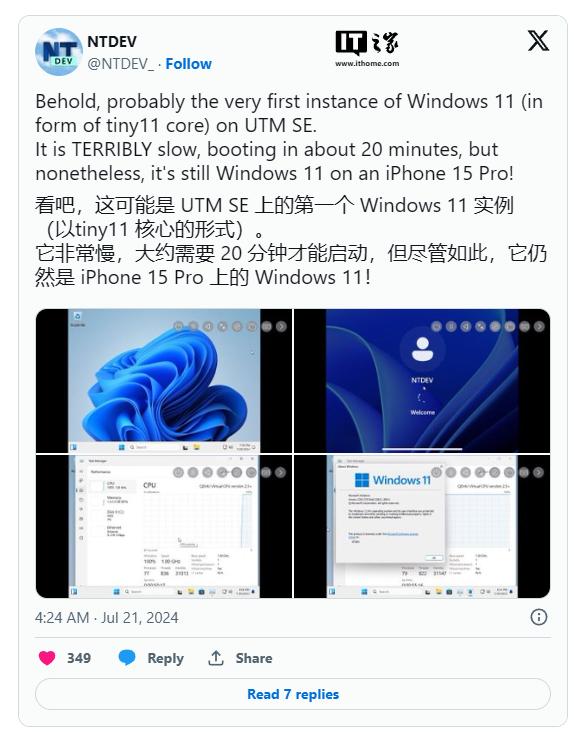 网友在苹果 iPhone 15 Pro 上跑 Win11，体验惨不忍睹