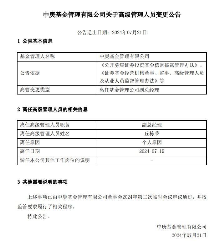 丘栋荣因个人原因离任中庚基金副总经理