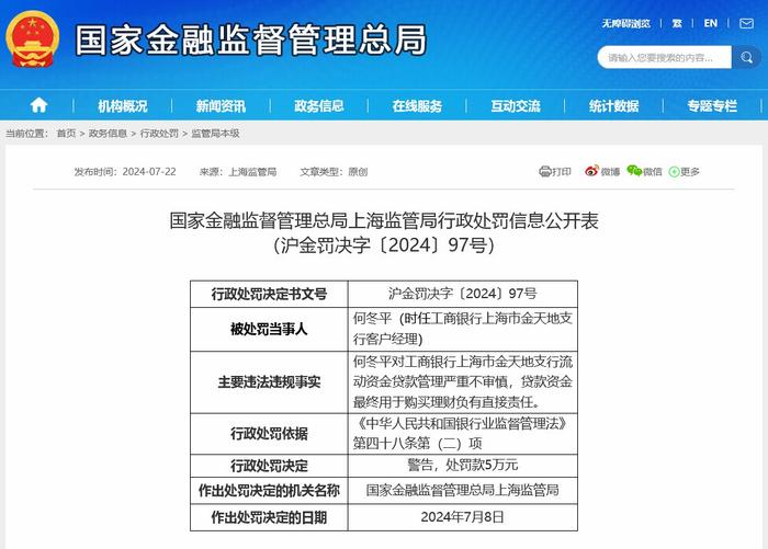 3天2罚单！工行上海分行共被罚1390万元