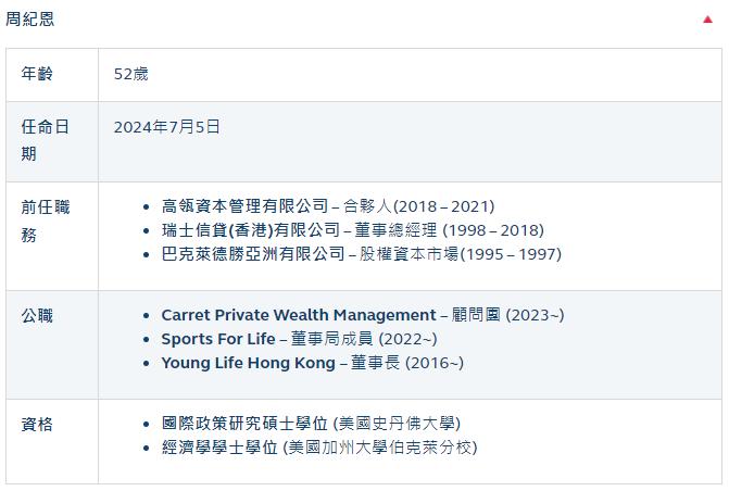 周纪恩 Mervyn Chow，前高瓴合伙人、前瑞信中国区CEO，出任港交所上市委员会成员