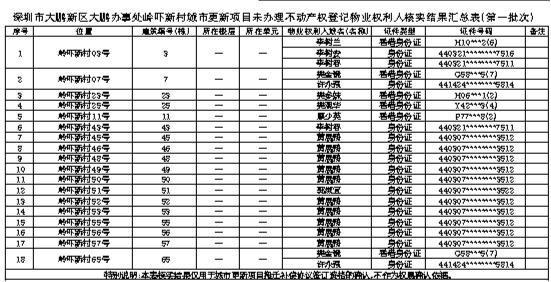 深圳市大鹏新区大鹏办事处岭吓新村城市更新项目未办理不动产权登记物业权利人核实结果（第一批次）公示