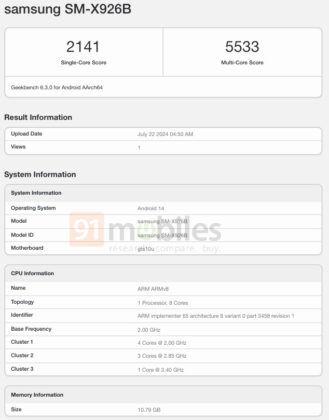 三星 Galaxy Tab S10 Ultra 5G 平板现身 Geekbench：天玑 9300 + 加持