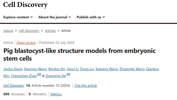 西湖大学裴端卿团队首次将猪胚胎干细胞诱导形成类囊胚模型