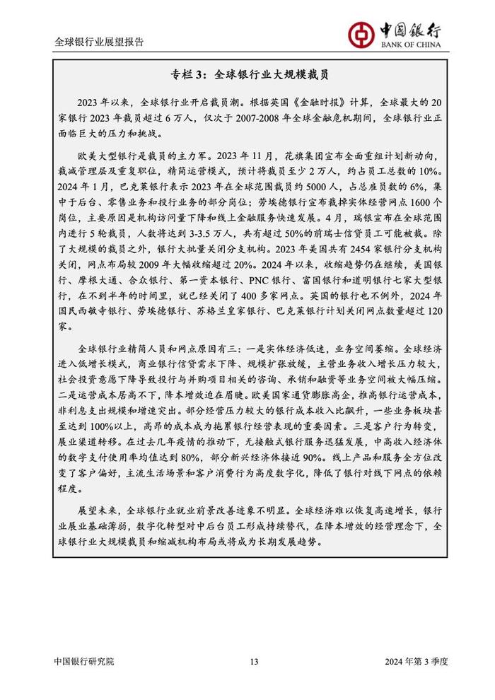 中国银行研究院：2024年第三季度全球银行业展望报告