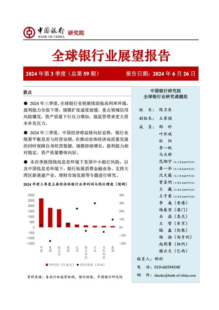 中国银行研究院：2024年第三季度全球银行业展望报告