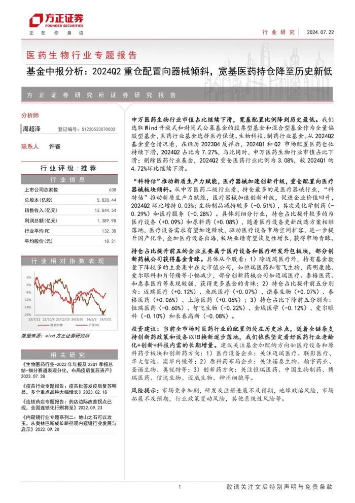 【方正医药】基金中报分析：2024Q2重仓配置向器械倾斜，宽基医药持仓降至历史新低