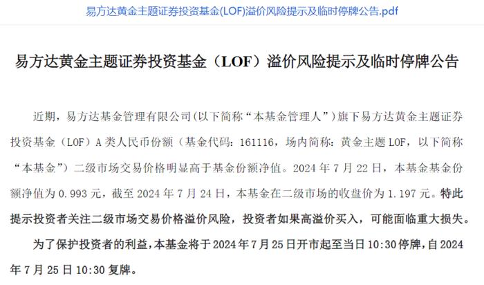 黄金主题基金年内平均涨超16%，这只产品临时停牌