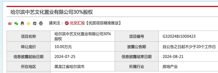 保利工艺打包转让哈尔滨两家房企30%股权，底价7431万元