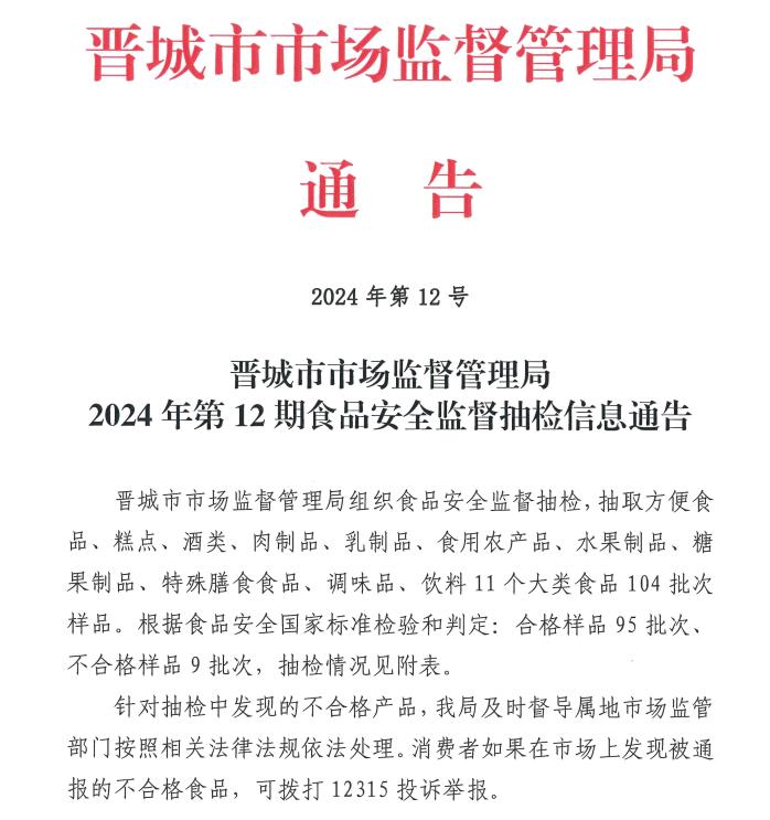 山西省晋城市市场监管局2024年第12期食品安全监督抽检信息通告