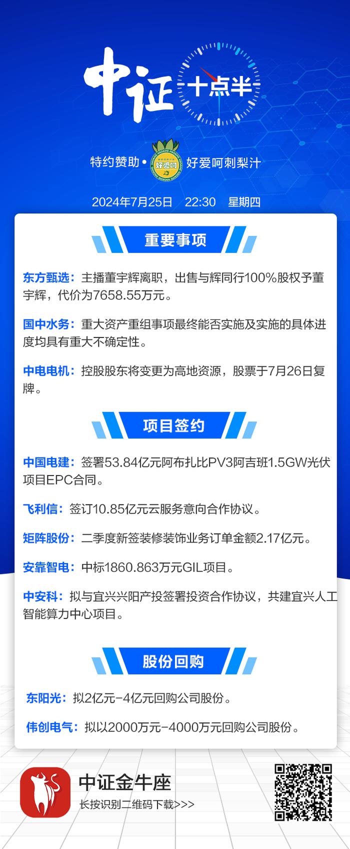 【中证十点半】董宇辉离职！中国电建签署53.84亿元合同，中电电机股票明日起复牌