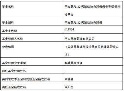 欧阳亮离任平安元泓30天滚动持有短债基金