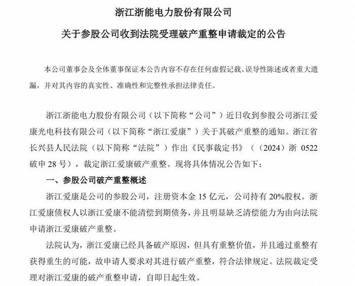 浙江爱康破产重整 股东浙能电力称按3亿元核算投资成本