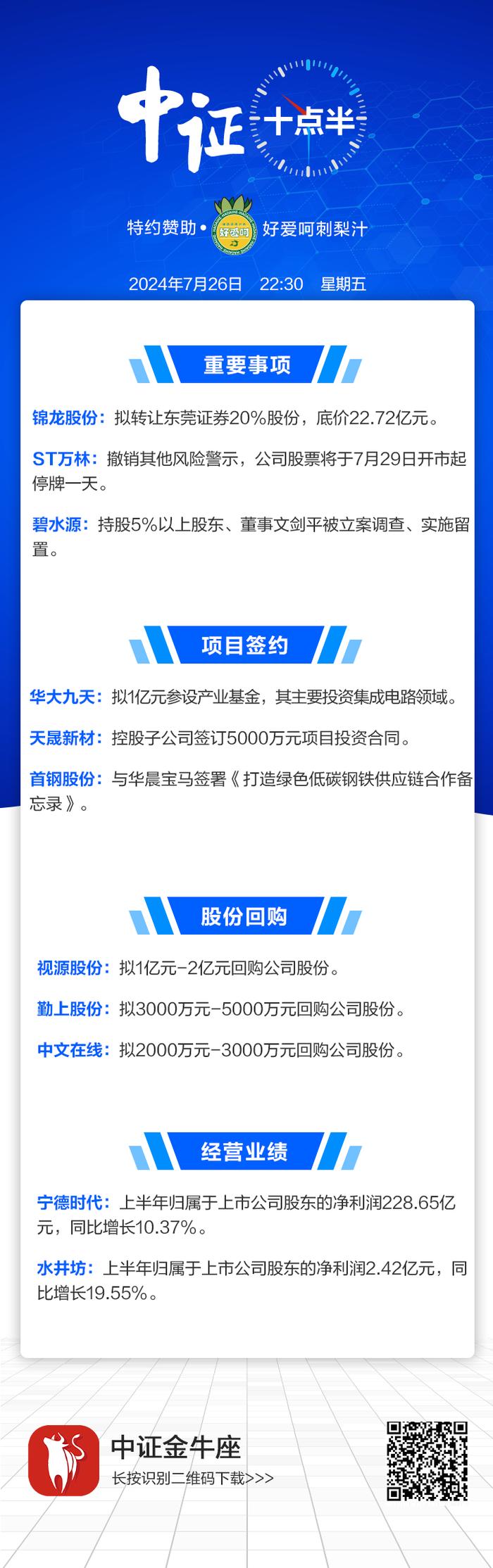 【中证十点半】华大九天拟1亿元参设产业基金，宁德时代、水井坊业绩出炉