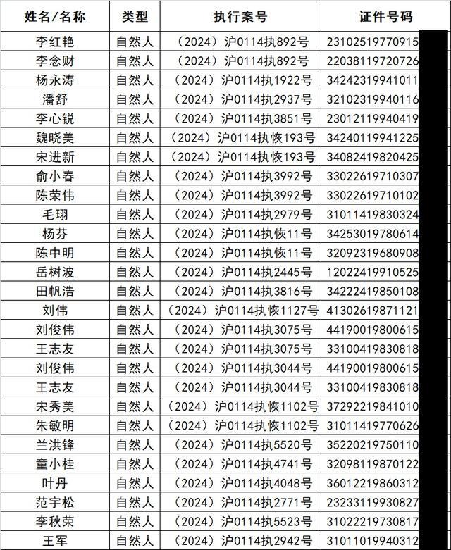 嘉定法院公布一批失信被执行人名单