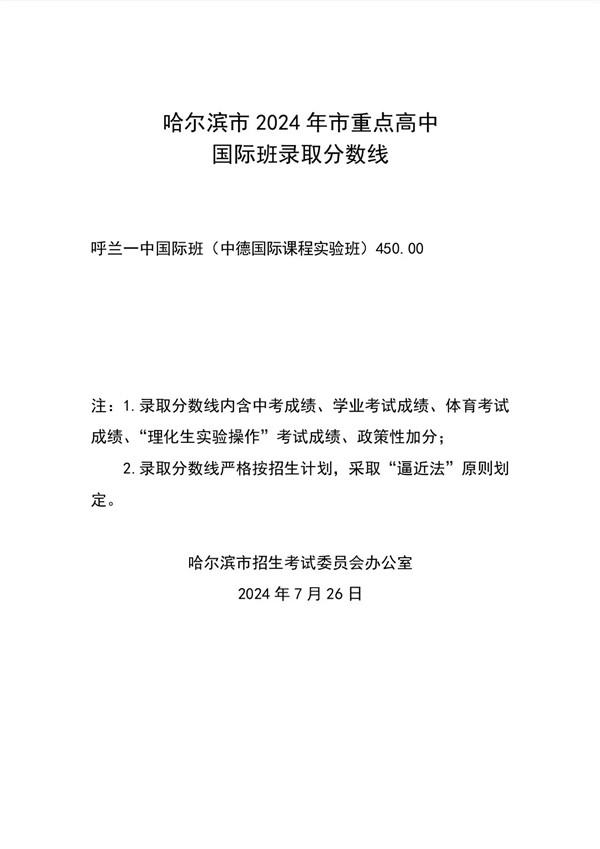 哈市2024年市重点高中国际班录取分数线最新公布