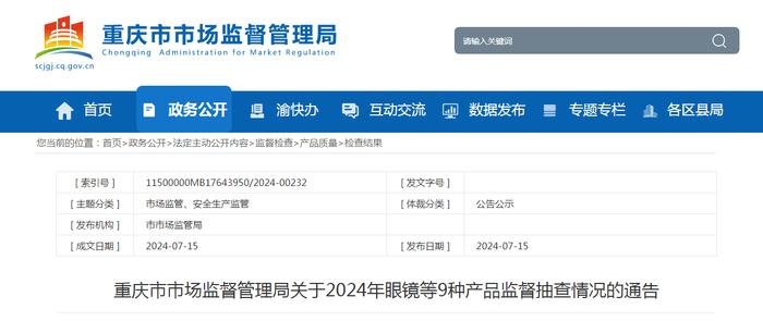 重庆市市场监督管理局：11批次眼镜产品抽查不合格