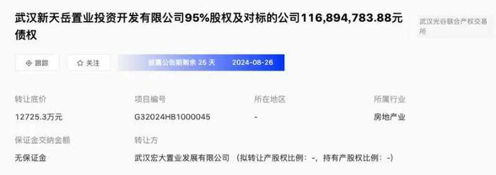 武汉宏大置业转让武汉新天岳置业95%股权及债权，底价1.27亿元