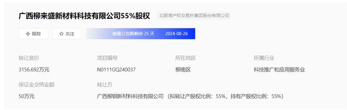 柳来盛新材料55%股权挂牌转让，底价3156.7万元