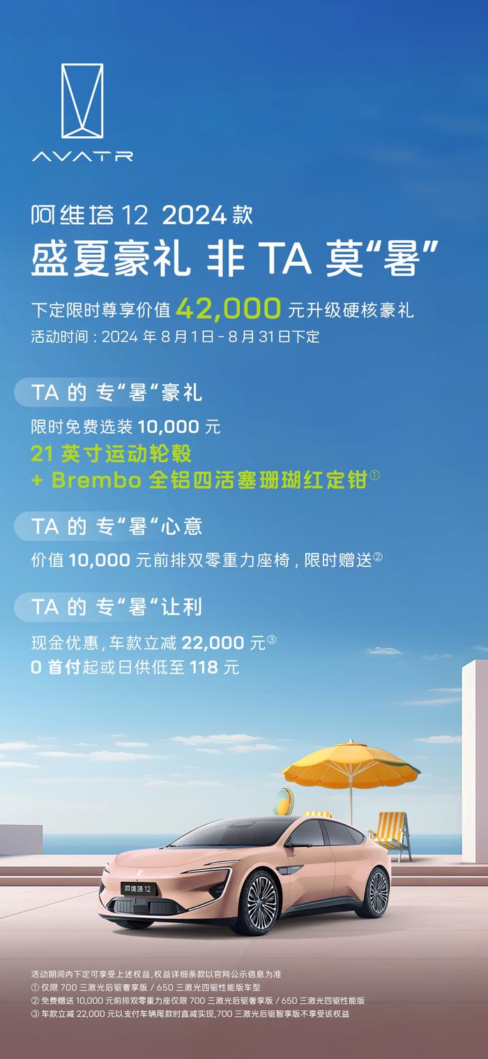 2024 款阿维塔 11/12 汽车 8 月购车权益公布：赠送前排双零重力座椅等